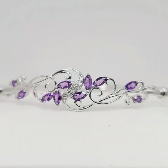 Sterling Silver Amethyst & White Topaz Accent Flower Bangle Bracelet - Picture 1 of 9